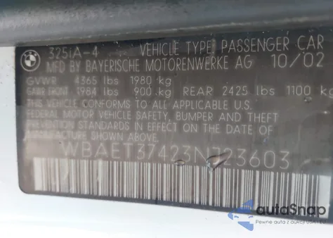 2003 BMW 325I from USA, damaged, VIN WBAET37423NJ23603